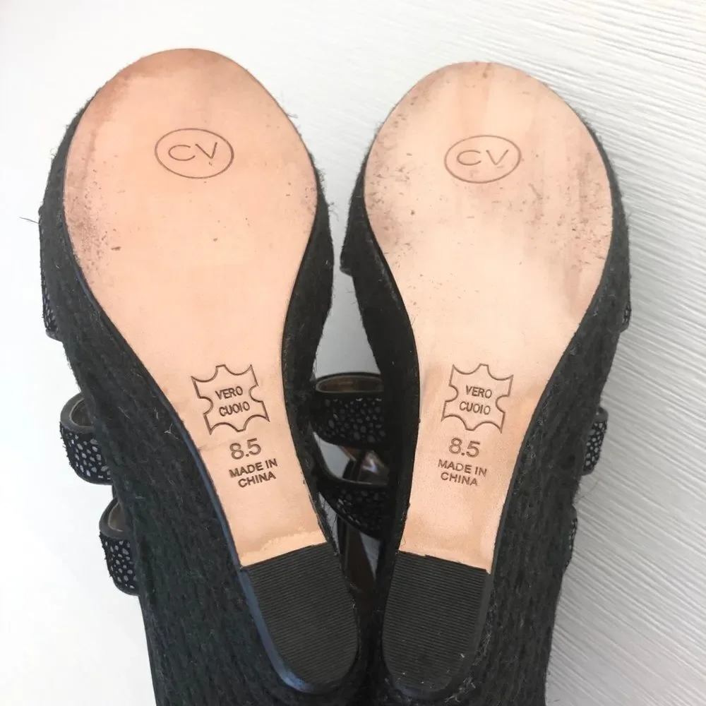 Cynthia Vincent Wedge Sandal In Black & Metallic Speckle Rope Heel